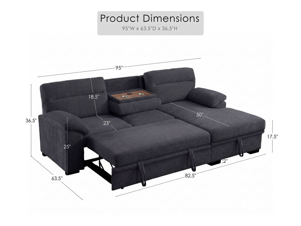 Lilola Home Kipling II Charcoal Grey Chenille Sectional Sofa with Pop-Up Sleeper, Storage Chaise & USB Charging – V81455