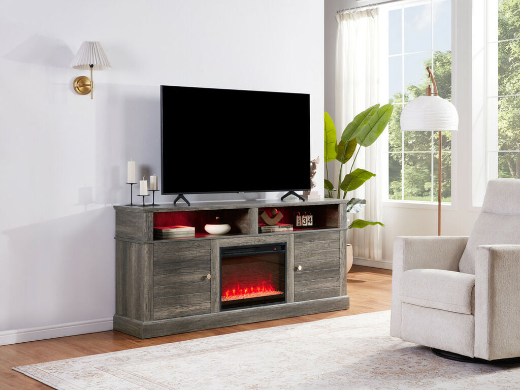 Lilola Home Terra 70" Grey Walnut Electric Fireplace TV Stand with Color-Change LED & Heater – 97038