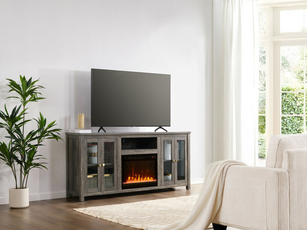 Lilola Home Ellington 70" Grey Walnut Electric Fireplace TV Stand with Color-Change LED & Heater – 97040