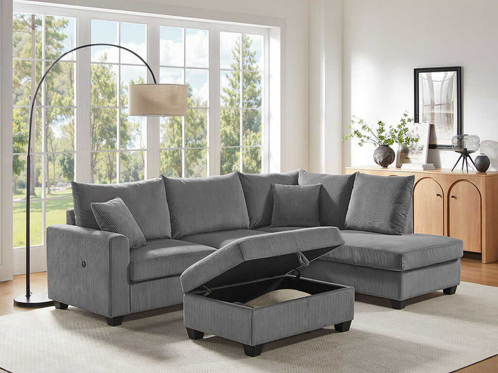 Lilola Home Rowan 107"W Dark Gray Corduroy Sectional Sofa with Right Facing Chaise, USB Charging Port, Storage Ottoman, and Pillows – 83220