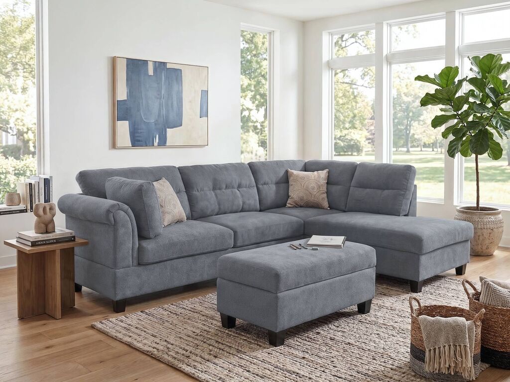 Lilola Home Diego 3-Piece Grey Fabric Sectional Sofa with RAF Chaise & Storage Ottoman – V83000-P