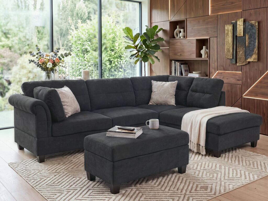 Lilola Home Diego 3-Piece Black Fabric Sectional Sofa with RAF Chaise & Storage Ottoman – V83001
