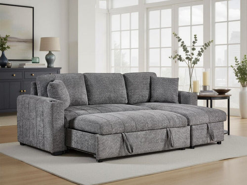 Lilola Home Seraphina Grey Boucle Reversible Sleeper Sectional Sofa with Storage Chaise & USB Charging – A89440