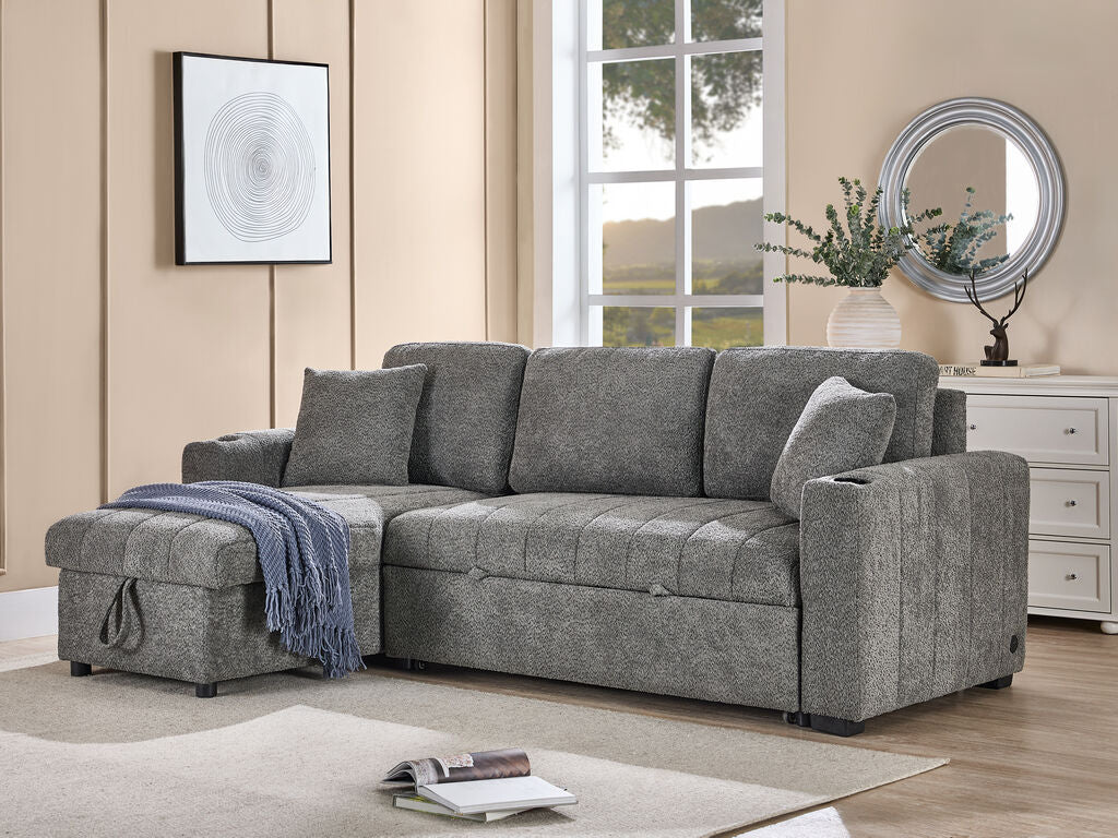 Lilola Home Seraphina Grey Boucle Reversible Sleeper Sectional Sofa with Storage Chaise & USB Charging – A89440