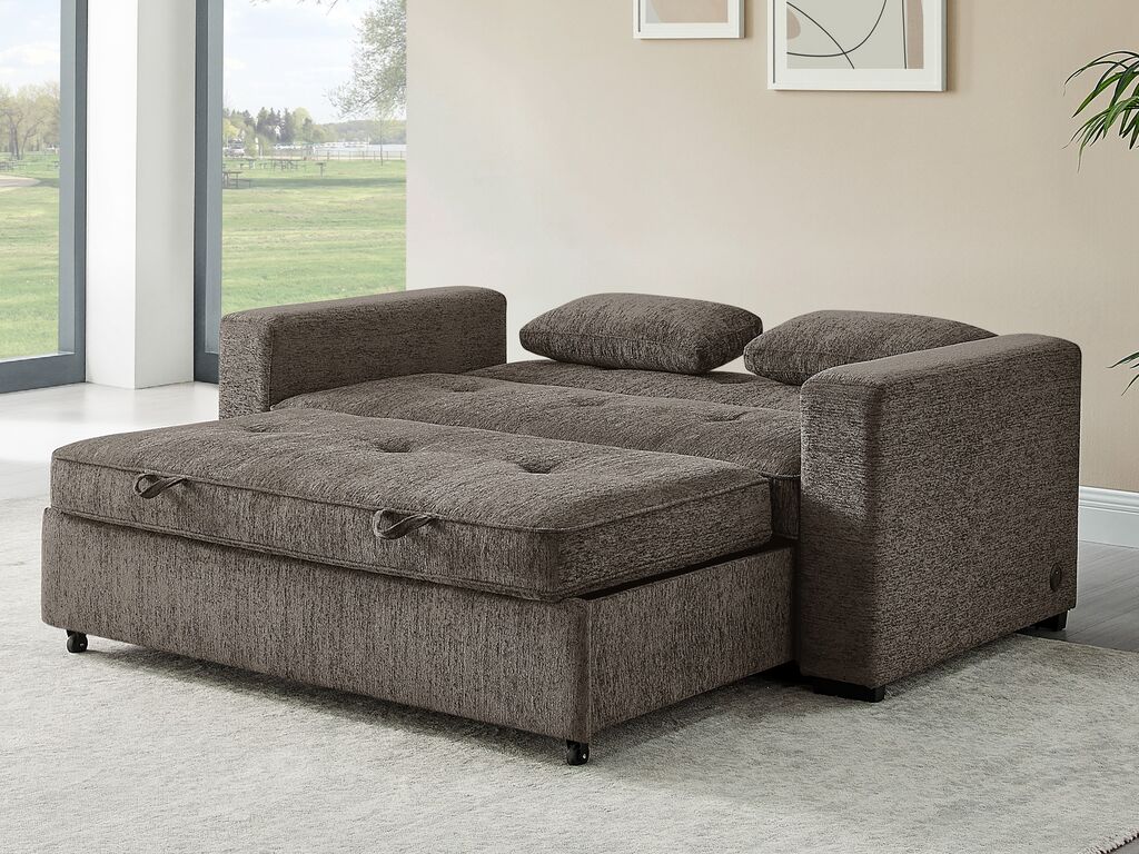 Lilola Home Arnold 76"W Ash Brown Chenille Convertible Sofa Sleeper with Memory Foam & USB Charging – V81665