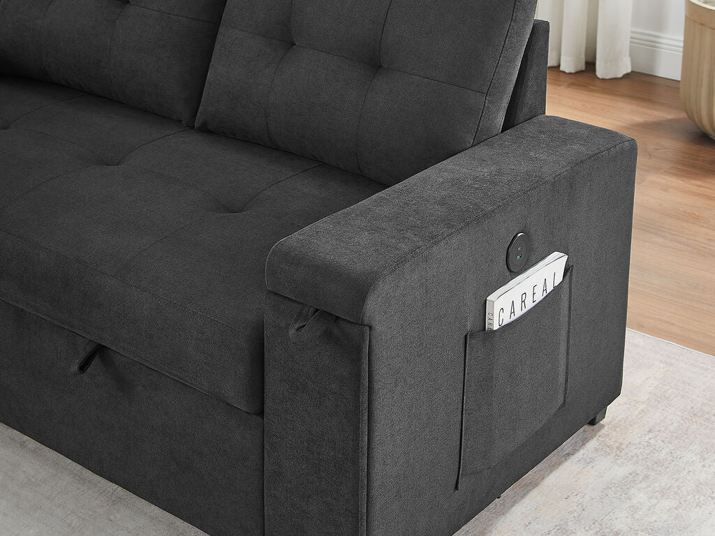 Lilola Home Toby Black Woven Fabric Convertible Sectional Sofa with Pop-Up Sleeper, Storage Chaise & USB Charging – V81395BK
