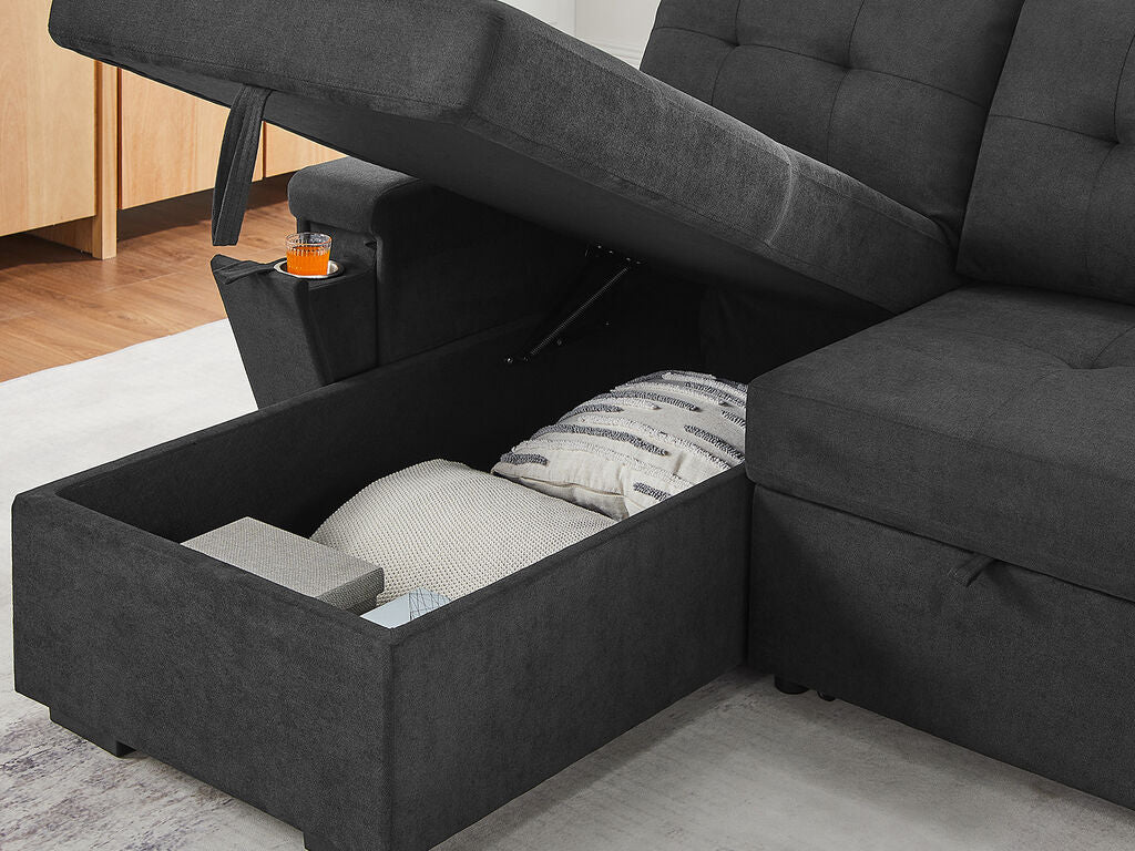 Lilola Home Toby Black Woven Fabric Convertible Sectional Sofa with Pop-Up Sleeper, Storage Chaise & USB Charging – V81395BK
