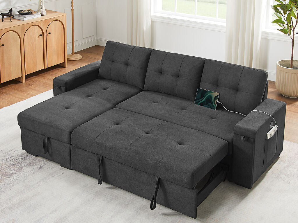Lilola Home Toby Black Woven Fabric Convertible Sectional Sofa with Pop-Up Sleeper, Storage Chaise & USB Charging – V81395BK