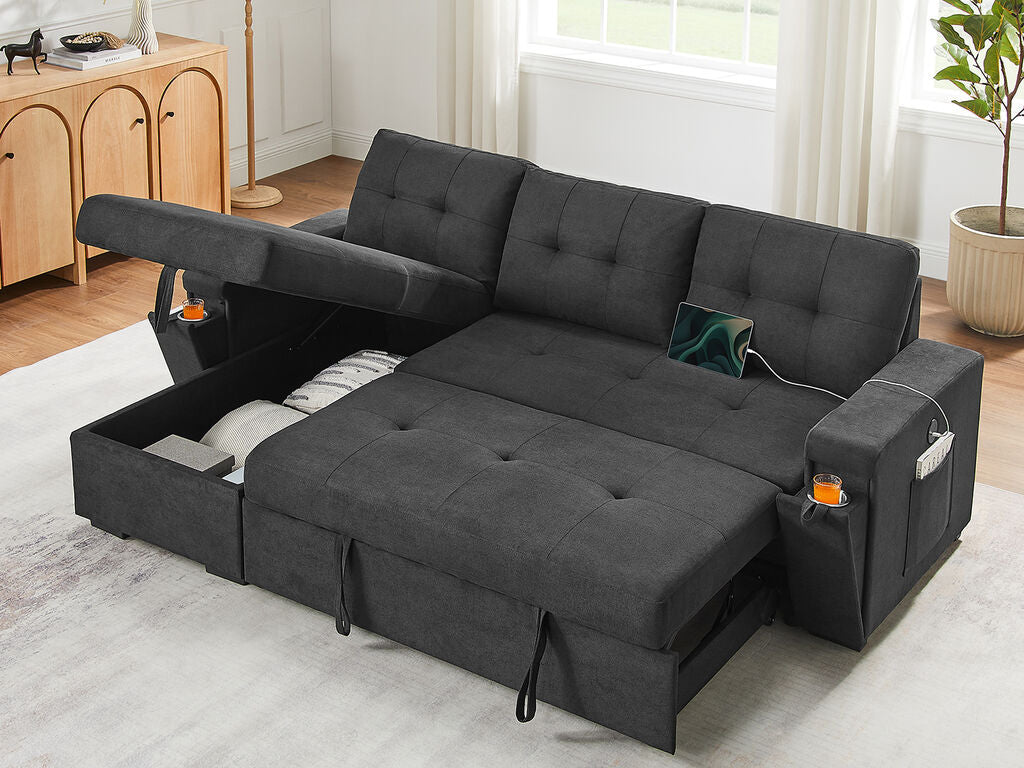 Lilola Home Toby Black Woven Fabric Convertible Sectional Sofa with Pop-Up Sleeper, Storage Chaise & USB Charging – V81395BK