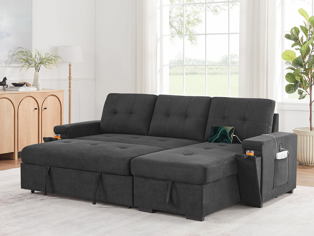 Lilola Home Toby Black Woven Fabric Convertible Sectional Sofa with Pop-Up Sleeper, Storage Chaise & USB Charging – V81395BK
