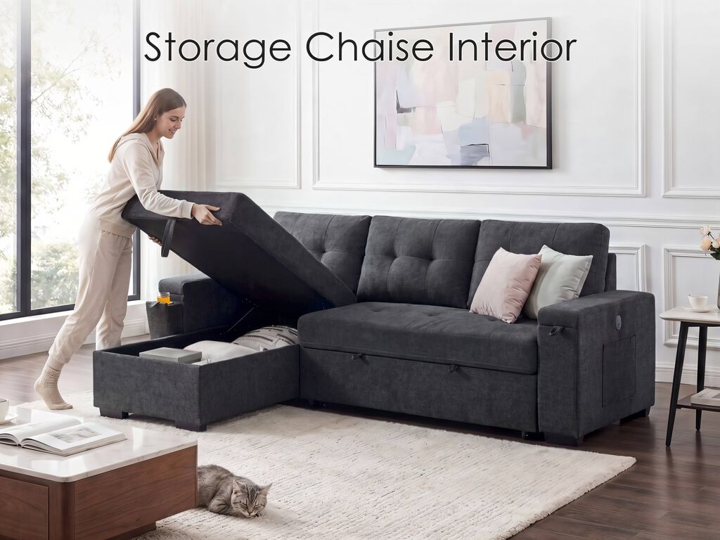 Lilola Home Toby Black Woven Fabric Convertible Sectional Sofa with Pop-Up Sleeper, Storage Chaise & USB Charging – V81395BK