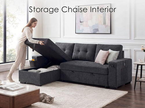 Lilola Home Toby Black Woven Fabric Convertible Sectional Sofa with Pop-Up Sleeper, Storage Chaise & USB Charging – V81395BK