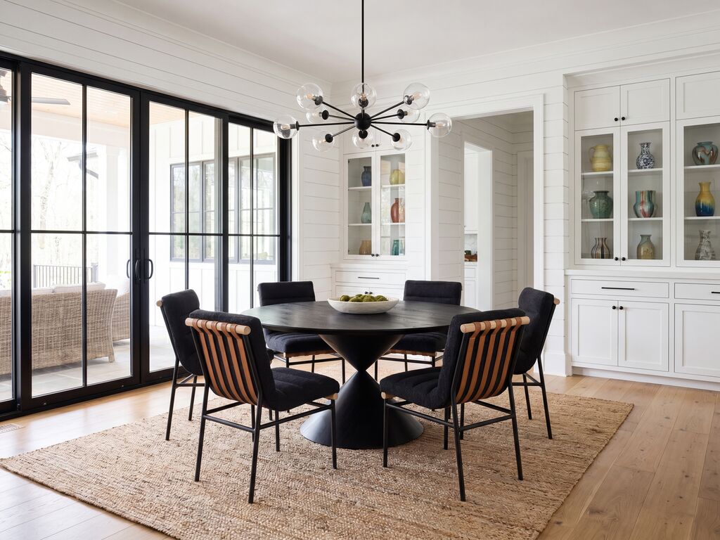 Lilola Home Haven 7-Piece Ebony Black 59" Round Dining Table Set with Hourglass Pedestal Base & Boucle Chairs – 30055-2-7PC