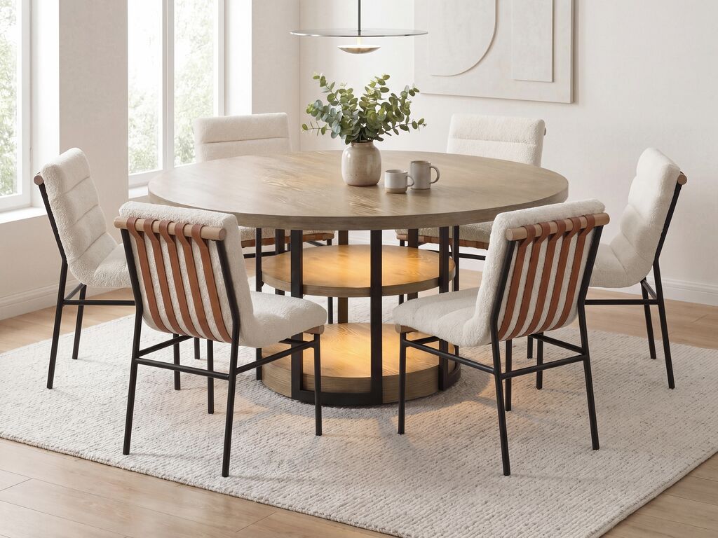 Lilola Home Eden 7-Piece Rustic Oak 59" Round Dining Table Set with LED Lighting & Boucle Chairs – 30045-2-7PC