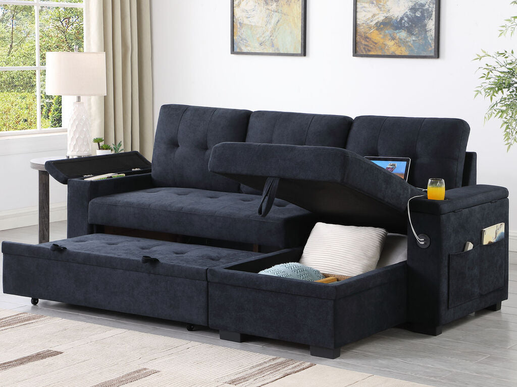 Lilola Home Ashlyn II 84"W Charcoal Woven Fabric Reversible Sleeper Sectional Sofa with Storage Chaise & USB Charging – 81445
