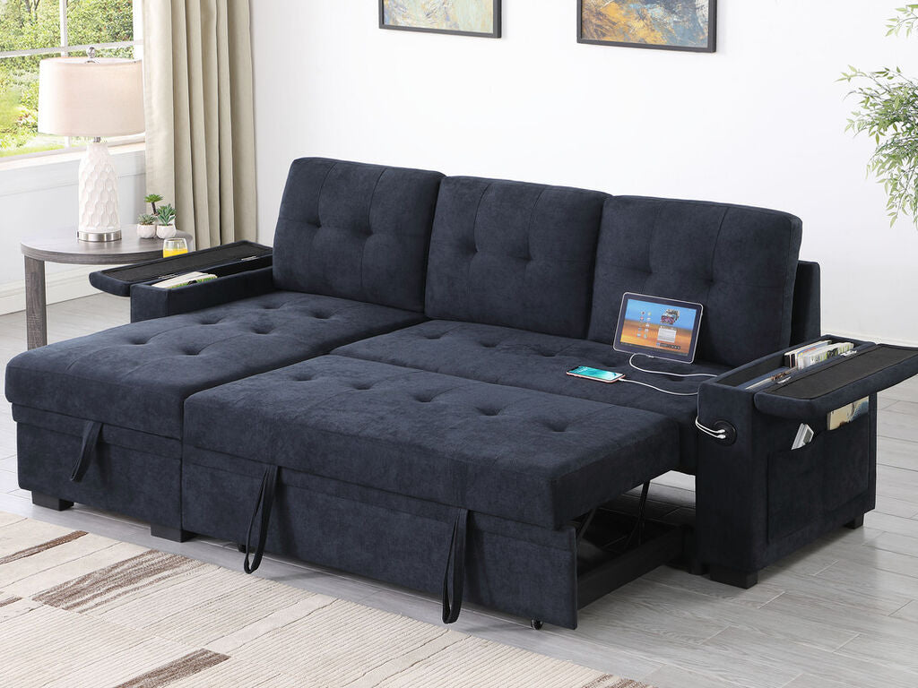 Lilola Home Ashlyn II 84"W Charcoal Woven Fabric Reversible Sleeper Sectional Sofa with Storage Chaise & USB Charging – 81445