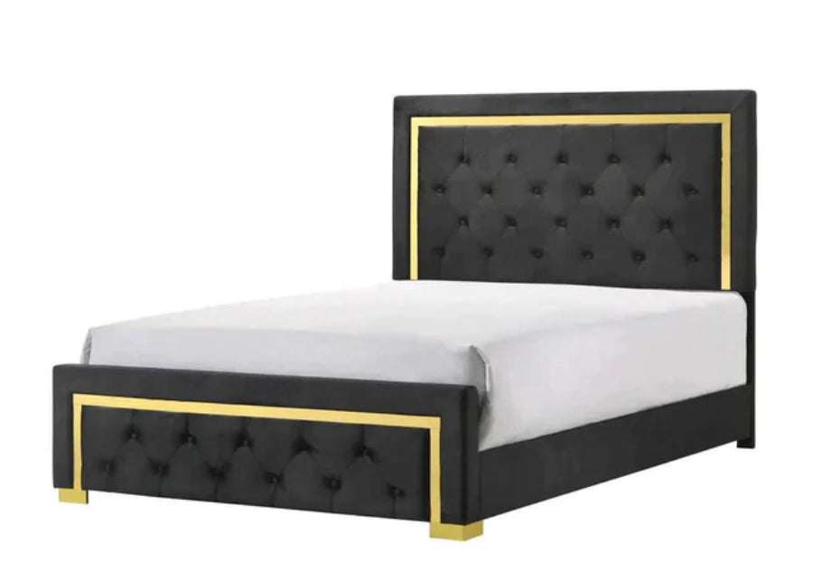 Crown mark B9290 4 pc Pepe black velvet and gold metal accents finish modern style queen bedroom set