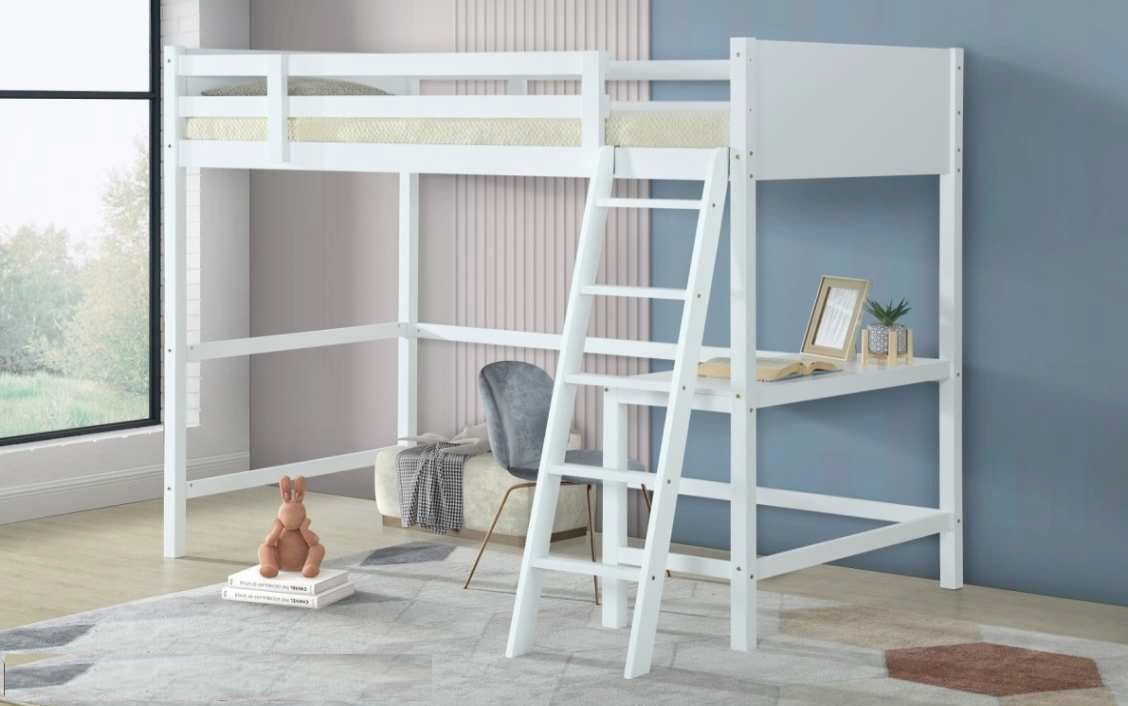 Pixar-WHT  Pixar white finish wood twin loft workstation bed with desk underneath