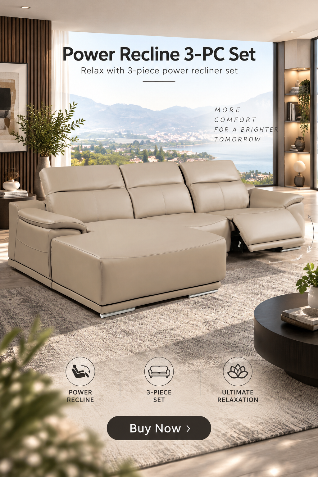 DivanItalia Beige Italian Leather 3-Piece Power Reclining Sectional with Chaise – 9762BEI-3PC-CH