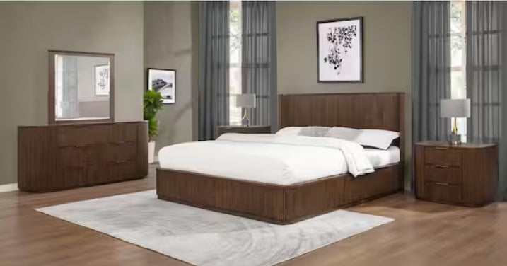 Best Master QT05BRQ-4PC 4 pc Qetora brown finish wood with fluted panel accent design queen bed set