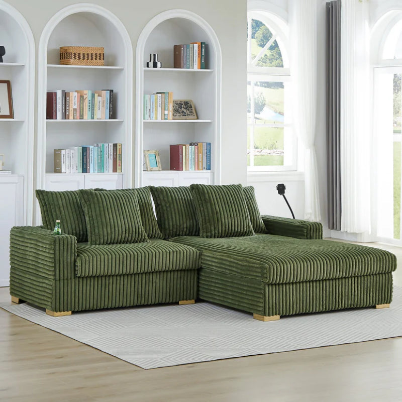 L9022OLV  2 pc Olive green wide corduroy fur fabric sectional sofa with wide chaise and cup holders built in phone holder