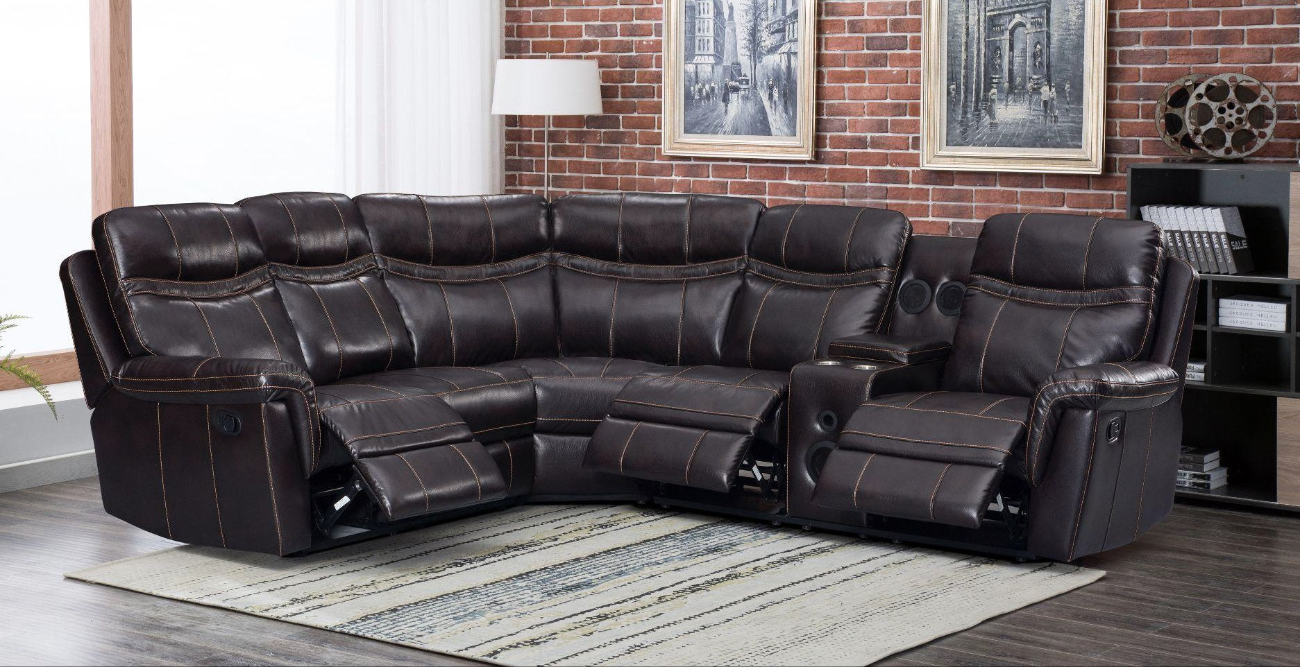 RIO-3PC 3 pc RIO espresso brown faux leather sectional sofa with bluetooth speaker cup holder and recliner ends