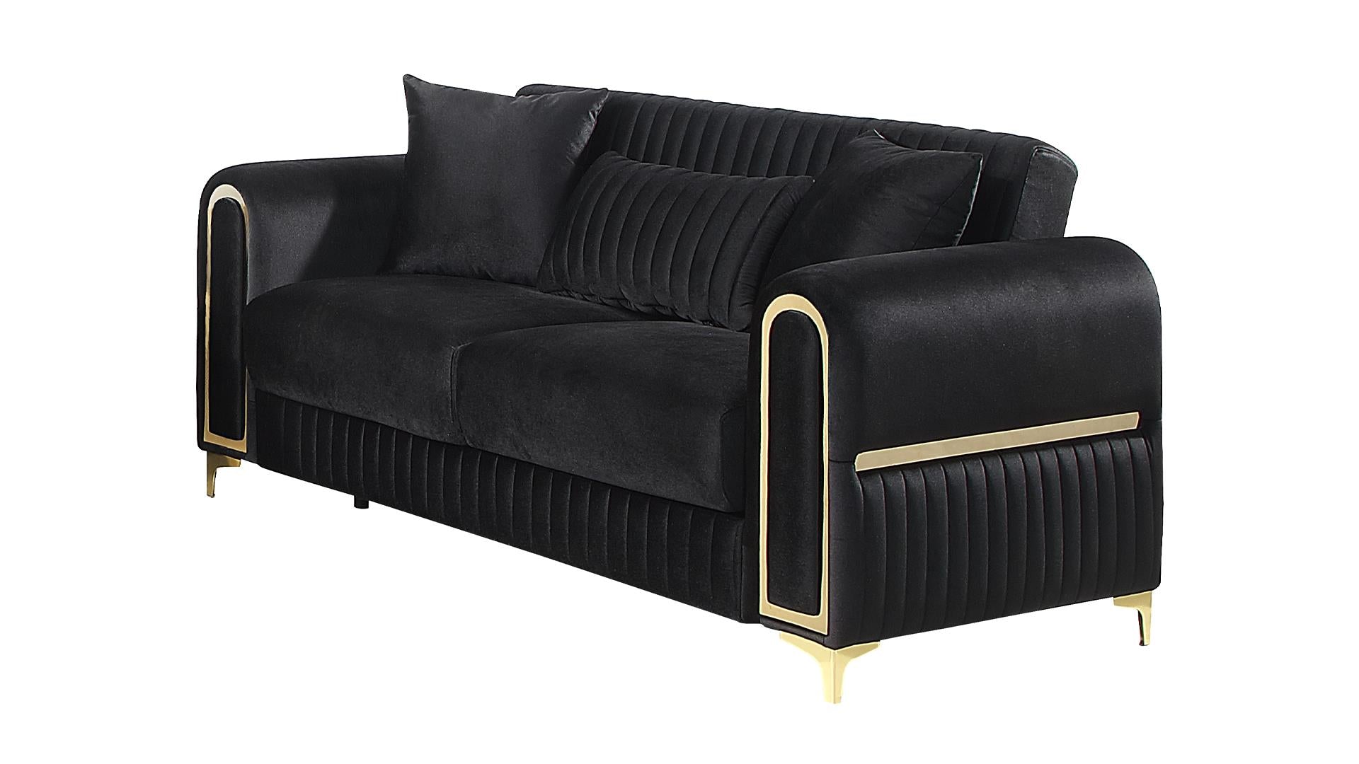 2 pc Ruby black fabric upholstered rounded arms gold trim accents sofa and love seat set with sleeper and storage