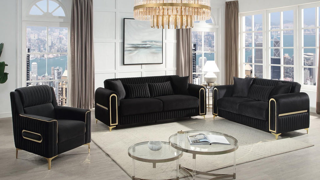 2 pc Ruby black fabric upholstered rounded arms gold trim accents sofa and love seat set with sleeper and storage