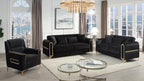 2 pc Ruby black fabric upholstered rounded arms gold trim accents sofa and love seat set with sleeper and storage