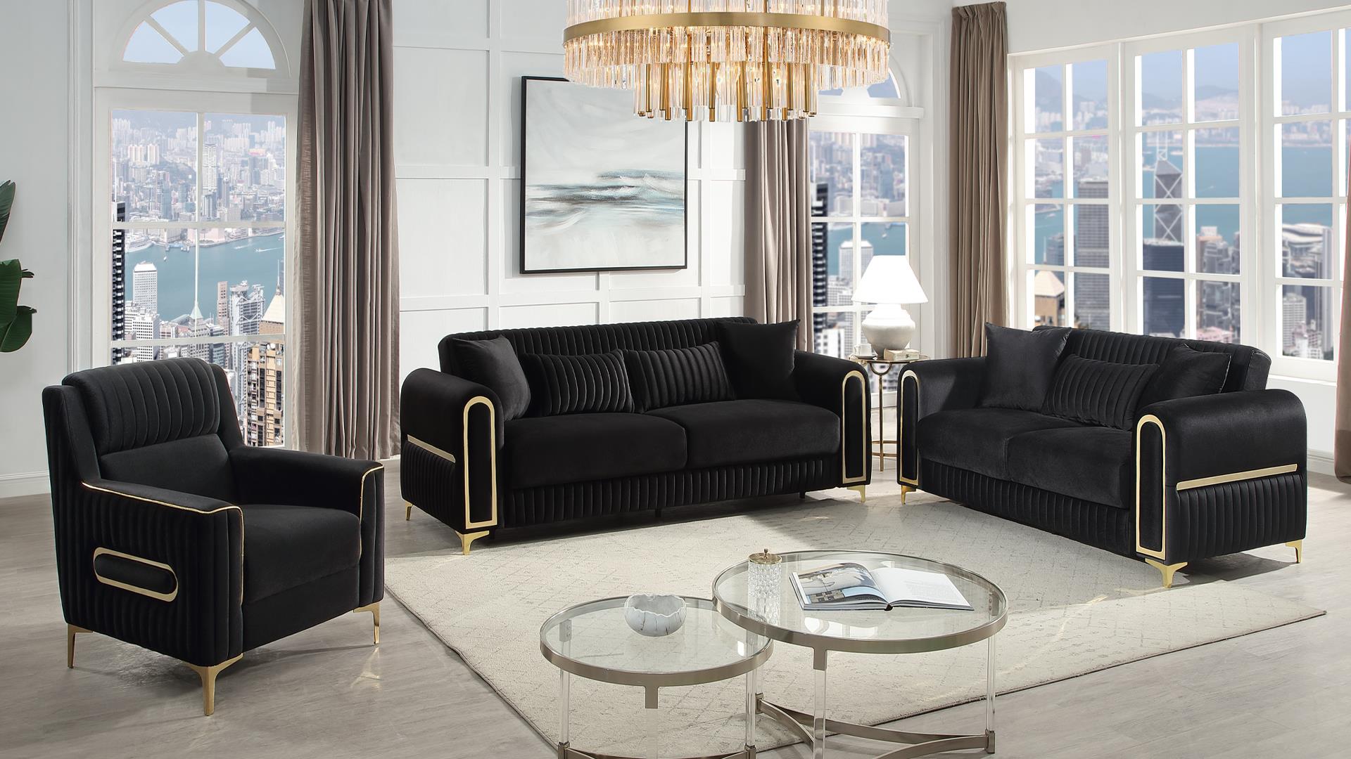 2 pc Ruby black fabric upholstered rounded arms gold trim accents sofa and love seat set with sleeper and storage