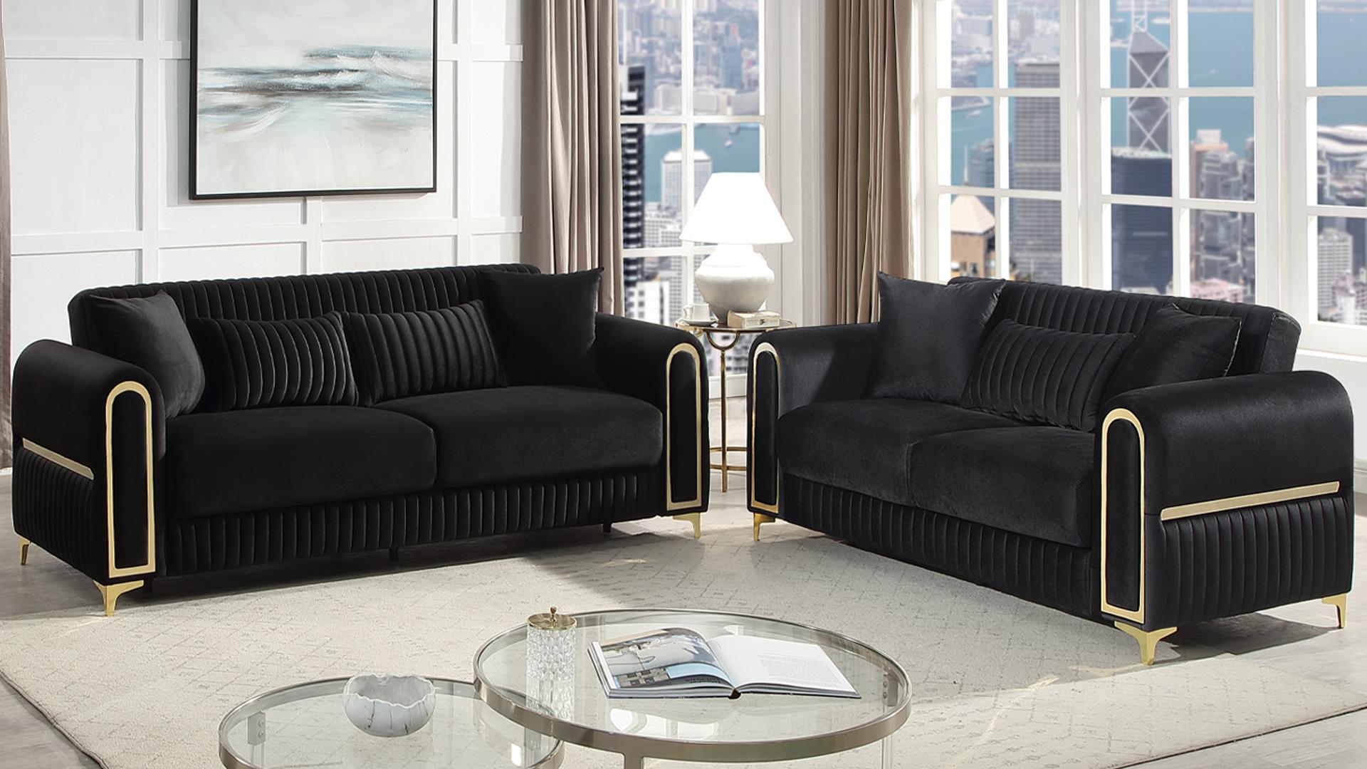 2 pc Ruby black fabric upholstered rounded arms gold trim accents sofa and love seat set with sleeper and storage