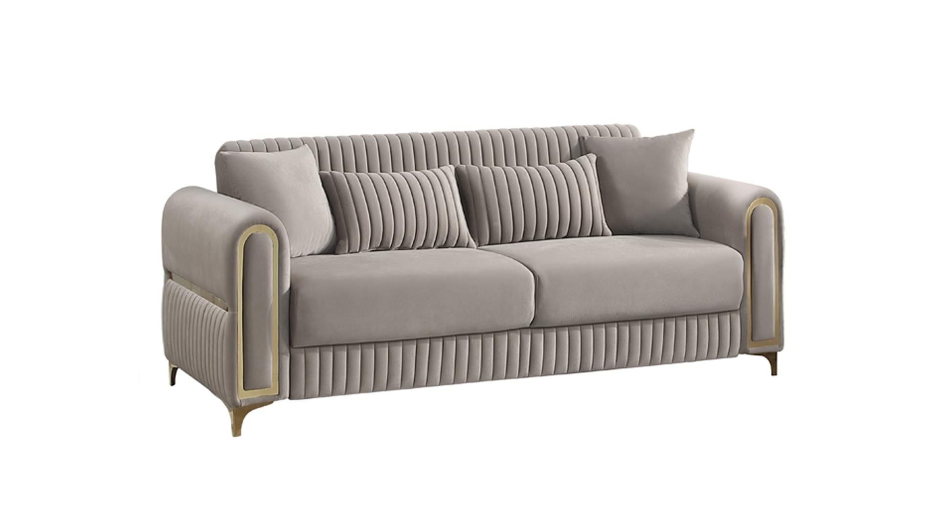 2 pc Ruby taupe fabric upholstered rounded arms gold trim accents sofa and love seat set with sleeper and storage