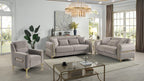 2 pc Ruby taupe fabric upholstered rounded arms gold trim accents sofa and love seat set with sleeper and storage