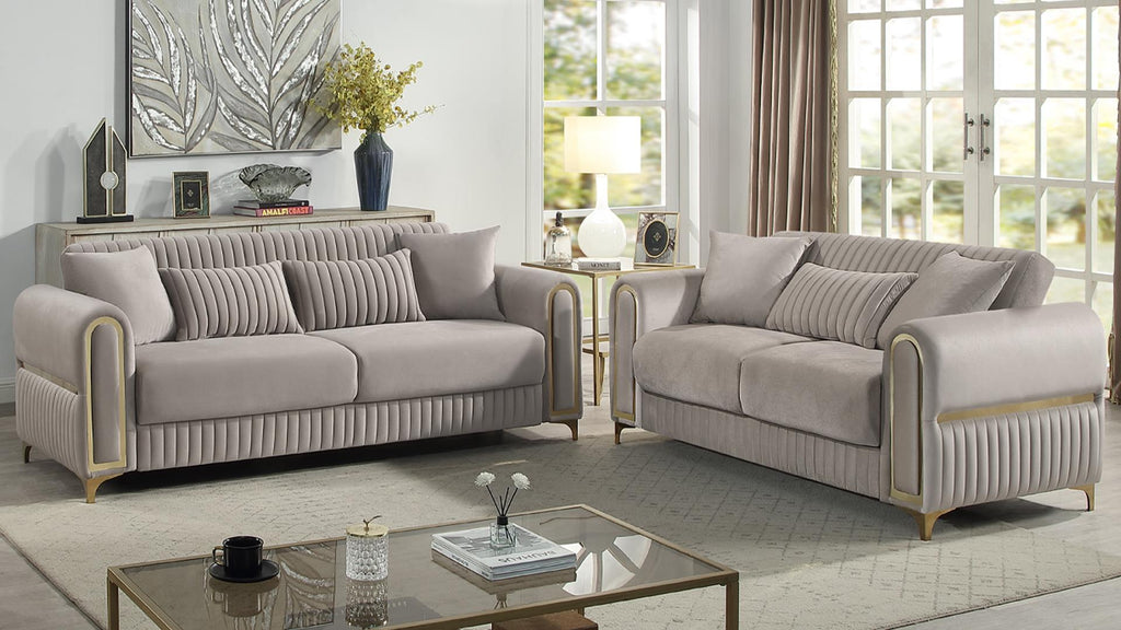 2 pc Ruby taupe fabric upholstered rounded arms gold trim accents sofa and love seat set with sleeper and storage