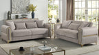 2 pc Ruby taupe fabric upholstered rounded arms gold trim accents sofa and love seat set with sleeper and storage