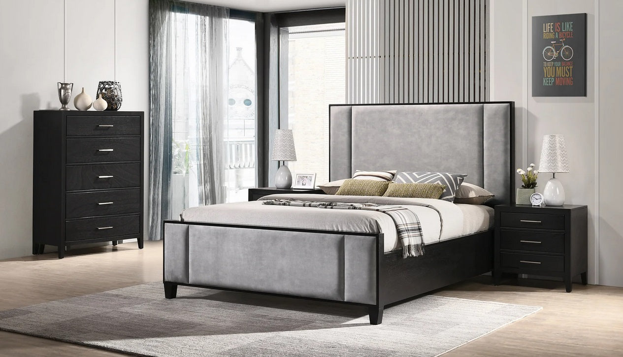 Asia Direct Romeo-4PC 4 pc Romeo wenge brown finish wood modern style grey fabric upholstered queen bedroom set