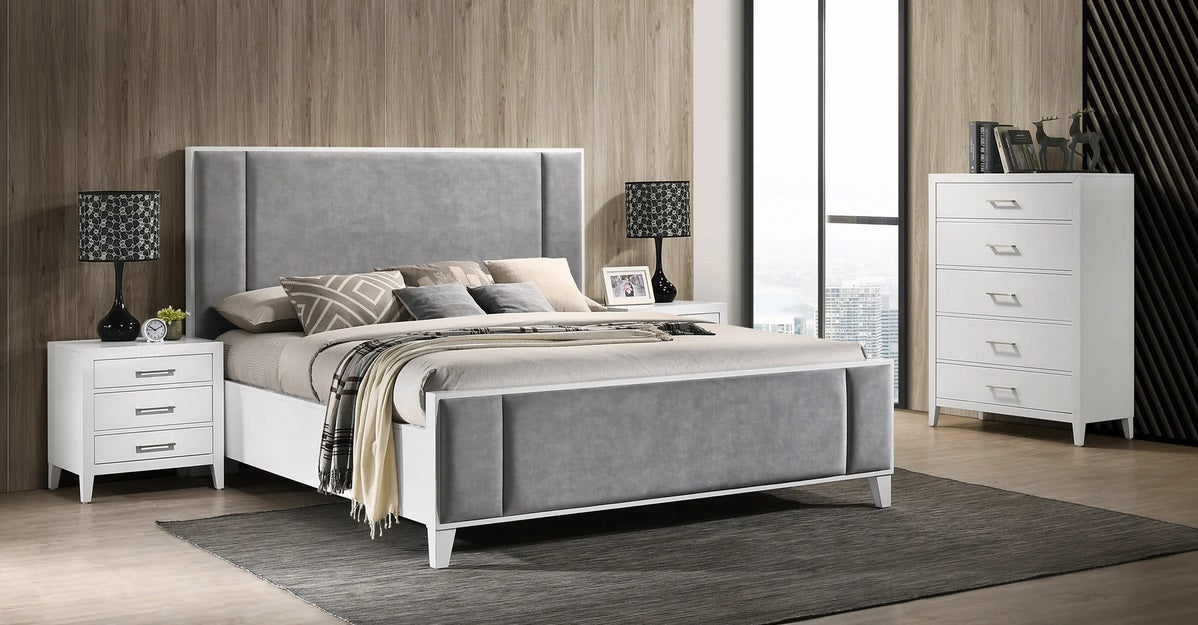 Asia Direct Rosa-4PC 4 pc Rosa white finish wood modern style grey fabric upholstered queen bedroom set