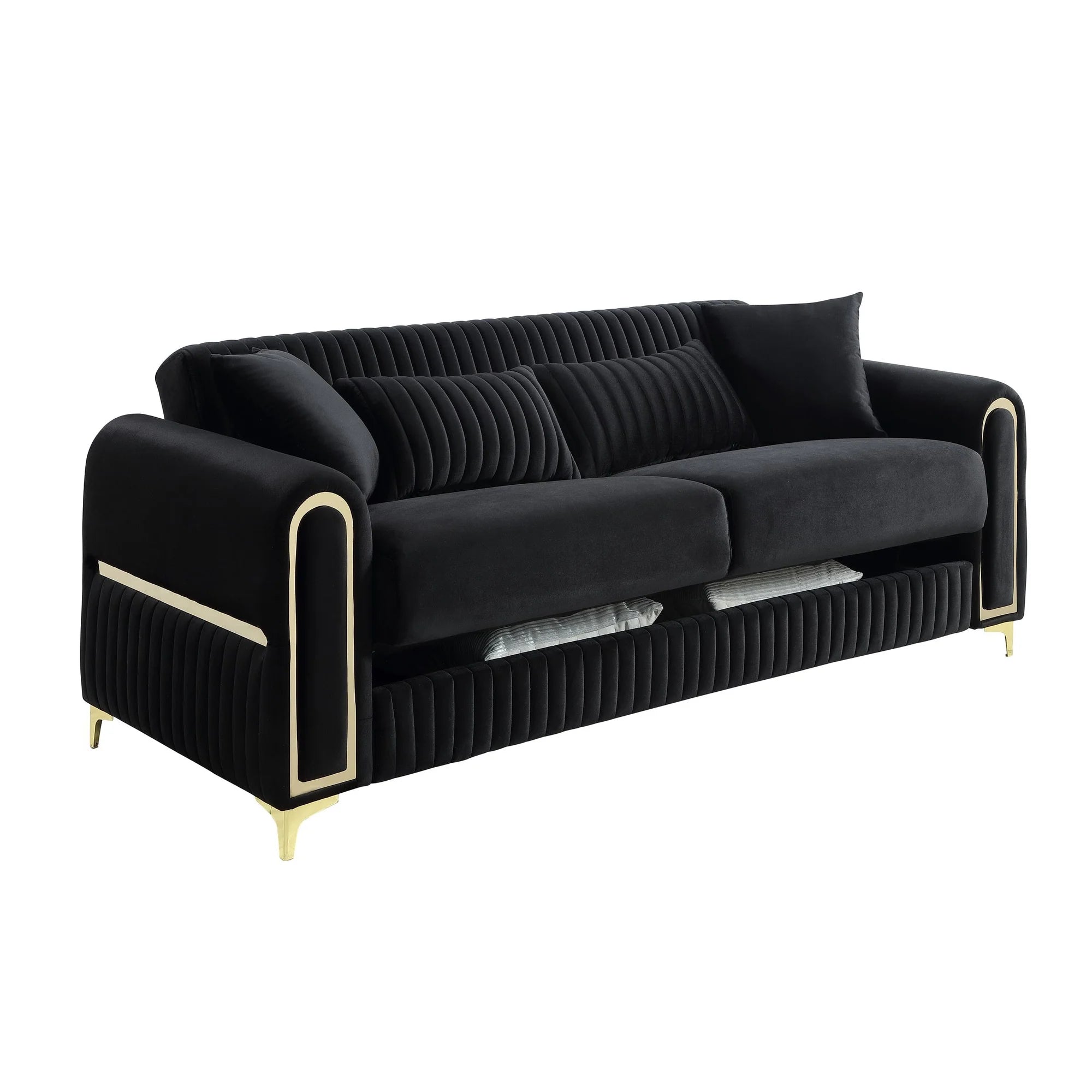2 pc Ruby black fabric upholstered rounded arms gold trim accents sofa and love seat set with sleeper and storage
