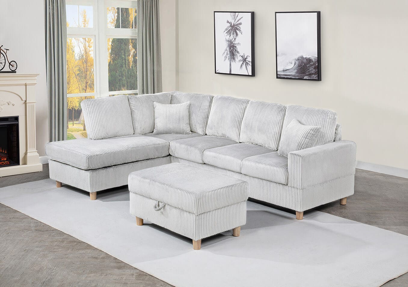 Best Quality S02 Maizee light grey striped wide corduroy fabric upholstered reversible chaise sectional sofa storage ottoman