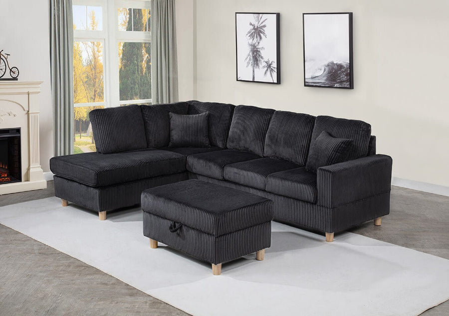 Best Quality S03 Maizee black striped wide corduroy fabric upholstered reversible chaise sectional sofa storage ottoman