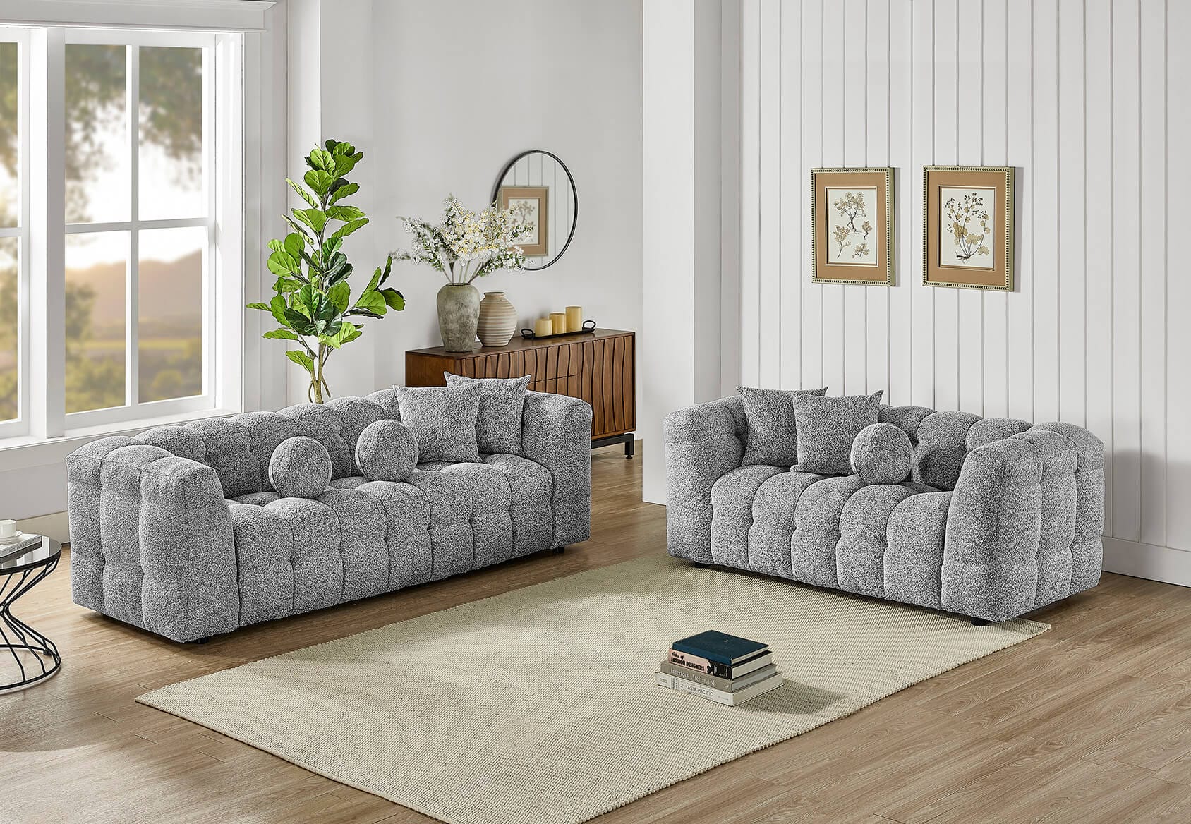 Best Quality S10-SL 2 pc Rich grey modern boucle fabric sofa and love seat set with throw pillows