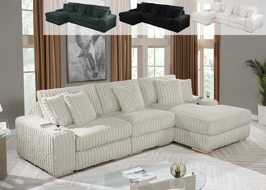 Best Quality S103 3 pc Hokku designs Maizee beige 2" striped wide corduroy fabric upholstered reversible chaise sectional sofa