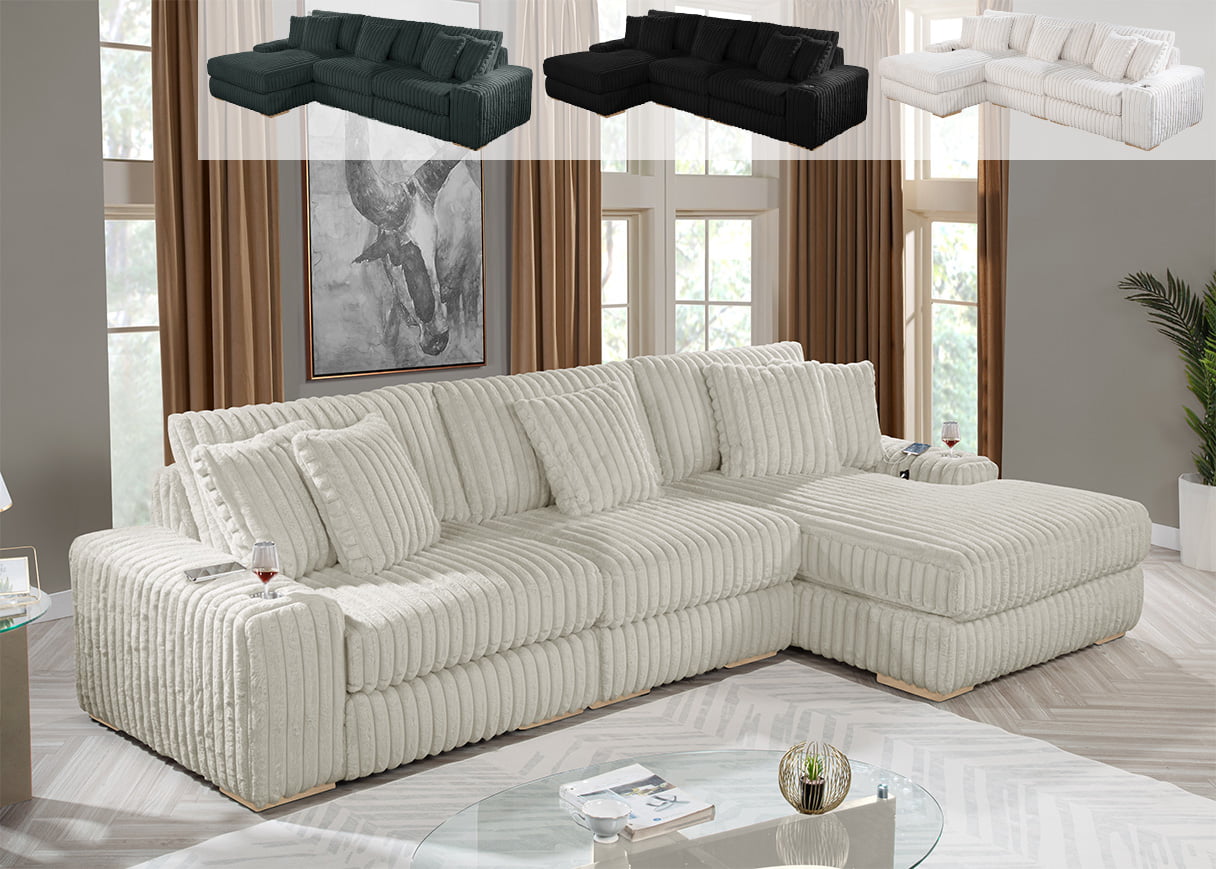 Best Quality S103 3 pc Hokku designs Maizee beige 2" striped wide corduroy fabric upholstered reversible chaise sectional sofa