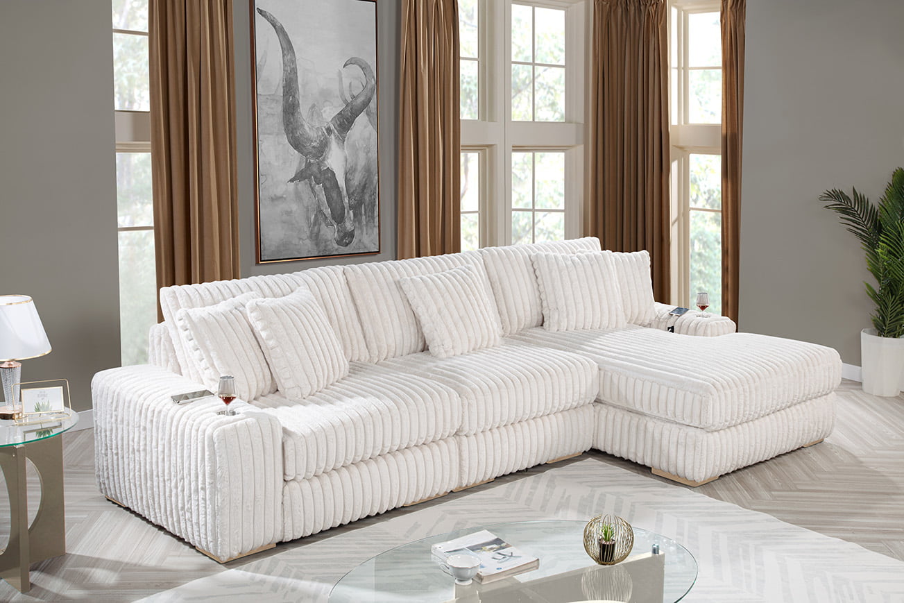 Best Quality S103 3 pc Hokku designs Maizee beige 2" striped wide corduroy fabric upholstered reversible chaise sectional sofa