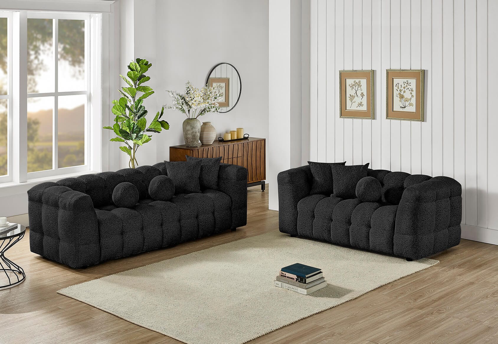 Best Quality S11-SL 2 pc black modern boucle fabric sofa and love seat set with throw pillows