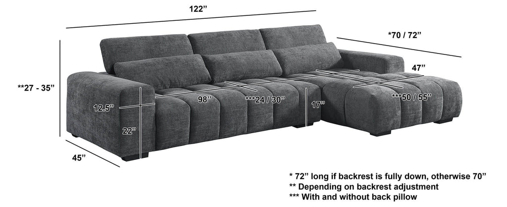 Best Quality S110 2 pc Dark grey chenille fabric sectional sofa with chaise and adjustable headrests with lumbar pillows