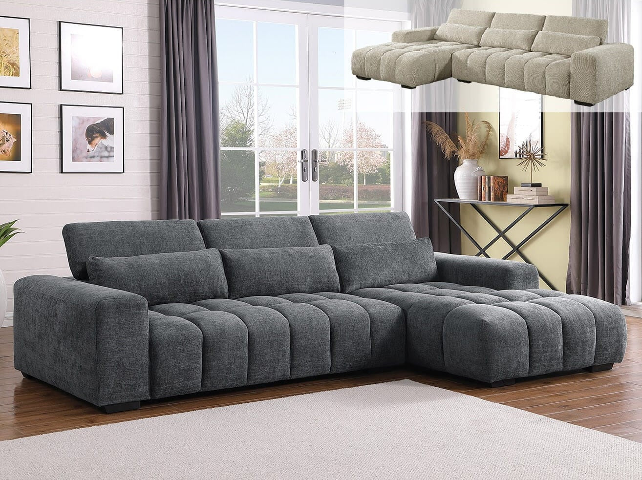 Best Quality S110 2 pc Dark grey chenille fabric sectional sofa with chaise and adjustable headrests with lumbar pillows