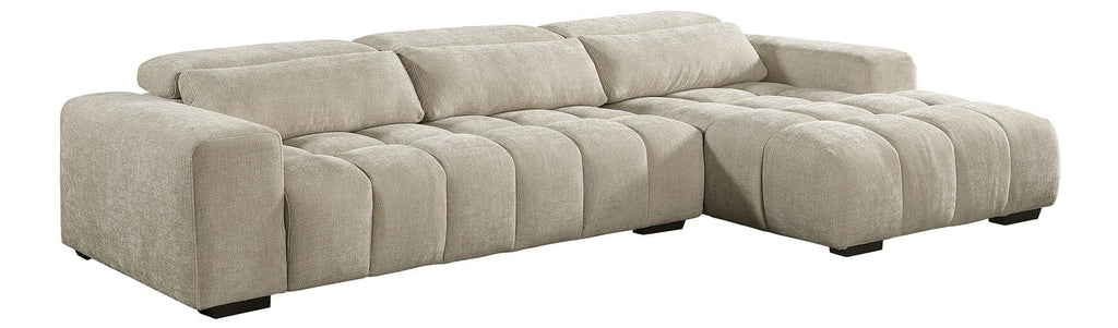 Best Quality S111 2 pc Beige chenille fabric sectional sofa with chaise and adjustable headrests with lumbar pillows