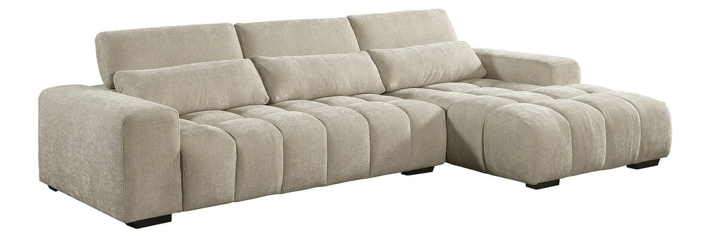 Best Quality S111 2 pc Beige chenille fabric sectional sofa with chaise and adjustable headrests with lumbar pillows