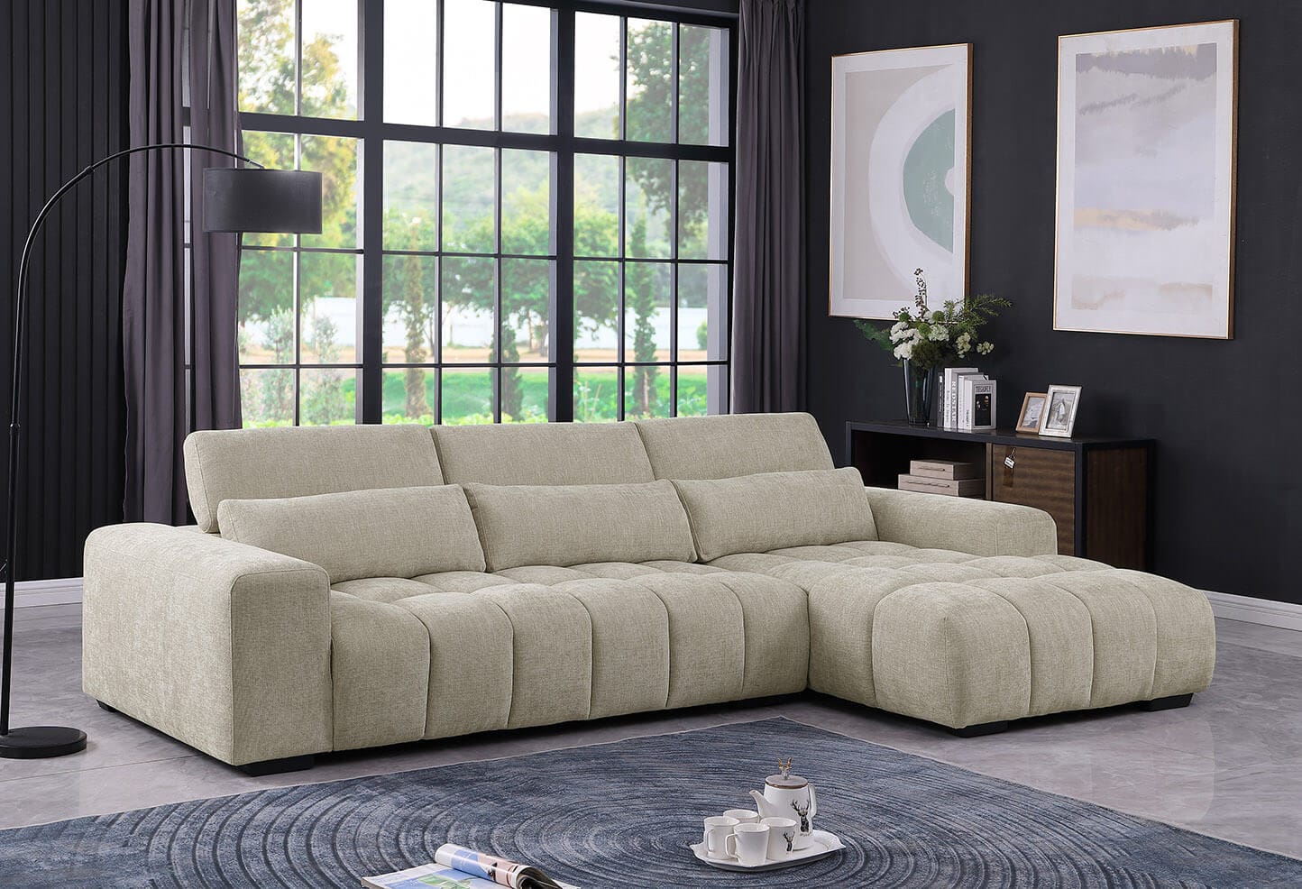 Best Quality S111 2 pc Beige chenille fabric sectional sofa with chaise and adjustable headrests with lumbar pillows